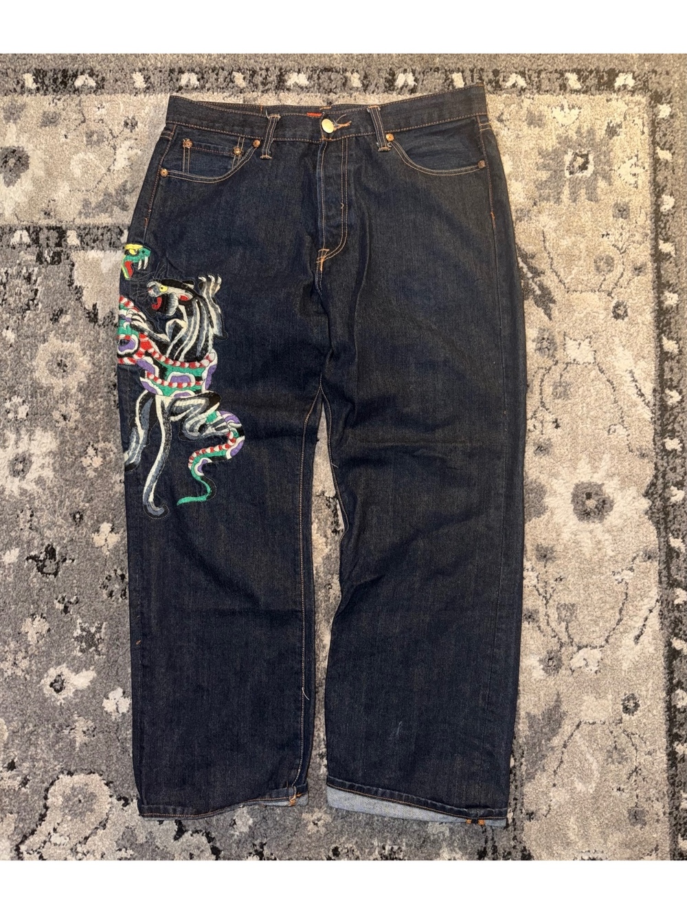 Ed Hardy Y2K Men's Dark Blue Denim Wide Leg Jeans with Color